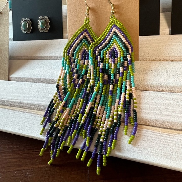 Gorgeous 💋Gold Beaded tassel boho western tribal earrings jewelry purple…New - Picture 7 of 7